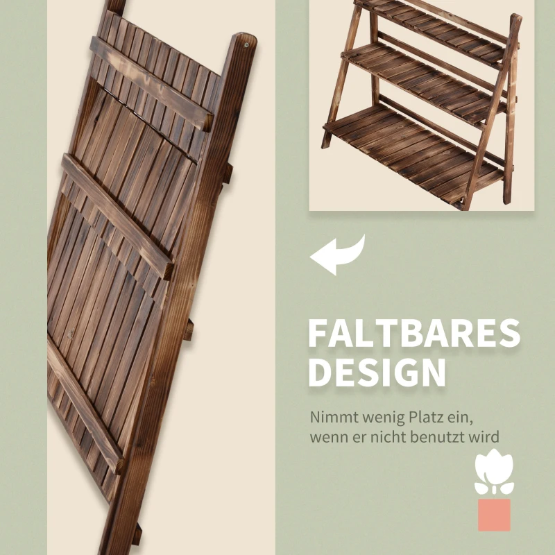 Outsunny 3-Etagen Pflanzenständer, klappbarer 93 cm hoch Blumenständer für Innen Außen, Pflanzenregal aus Holz, Blumentopfständer mit Tabletts, Blumentreppe für Wohnzimmer, Garten Balkon, Dunkelbraun