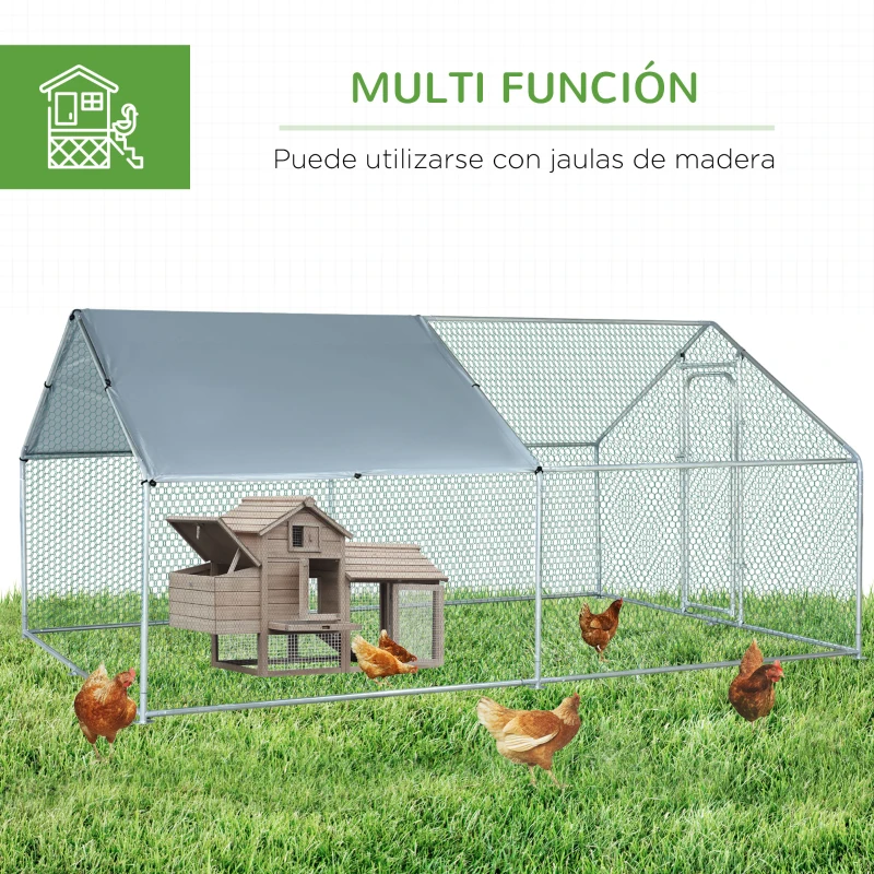 PawHut Jaula de Aves de Metal Galvanizado 3x4x1,95 m con Puerta Cubierta de Tela Oxford Resistente a los Rayos UV Plata