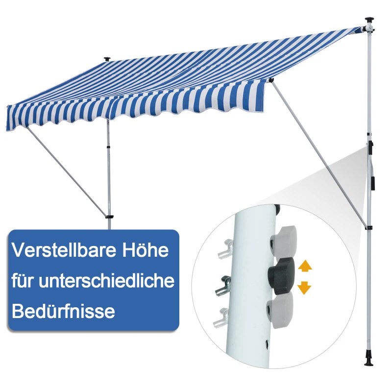 Outsunny Klemmmarkise mit Handkurbel höhenverstellbar Gelenkarmmarkise schmutzabweisend, witterungsbeständig Balkonmarkise 150cm breit Terrassenmarkise für Terrasse Balkon Veranda Blau+Weiß