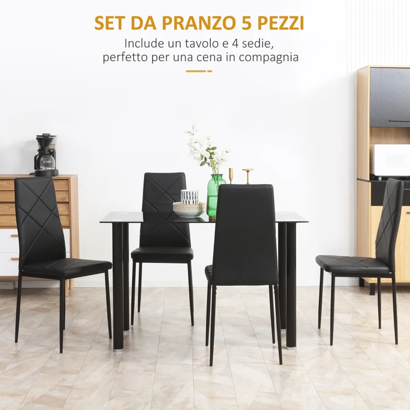 HOMCOM Set Tavolo da Pranzo con 4 Sedie, Piano in Vetro e Sedie Imbottite in Finta Pelle, Nero