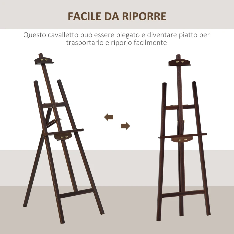 HOMCOM Cavalletto Pittura, 135 cm Cavalletto Treppiede per Dipingere su Tela, Cavalletto in Legno di Pino Regolabile, Portatile e Pieghevole con Pennello per Studio, Artisti e Pittori, Caffè