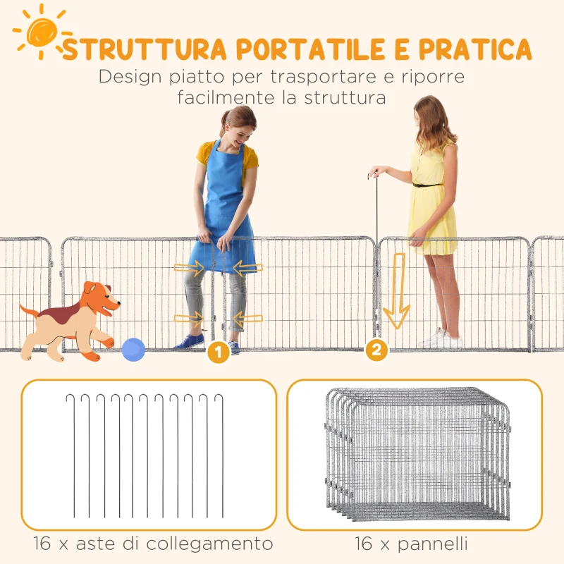 PawHut Recinto per Cani e Cuccioli con 16 Pannelli Modulabili e 2 Ingressi, 80x1.5x60cm