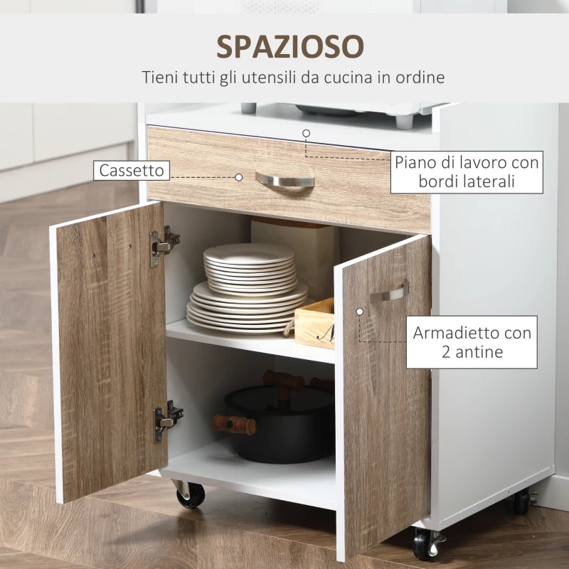HOMCOM Carrello da Cucina Portavivande per Microonde con 4 Ruote, in Legno, 60x40x77cm - Rovere