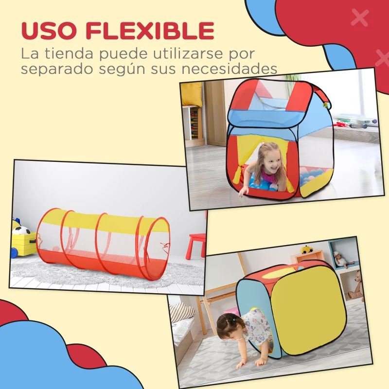 HOMCOM 3 en 1 Casa de Juegos Infantil Tienda de Campaña para Niños Mayores de 3 Años Plegable con 2 Casita Tela Túnel Ventanas de Ventilación 230x70x89 cm Multicolor