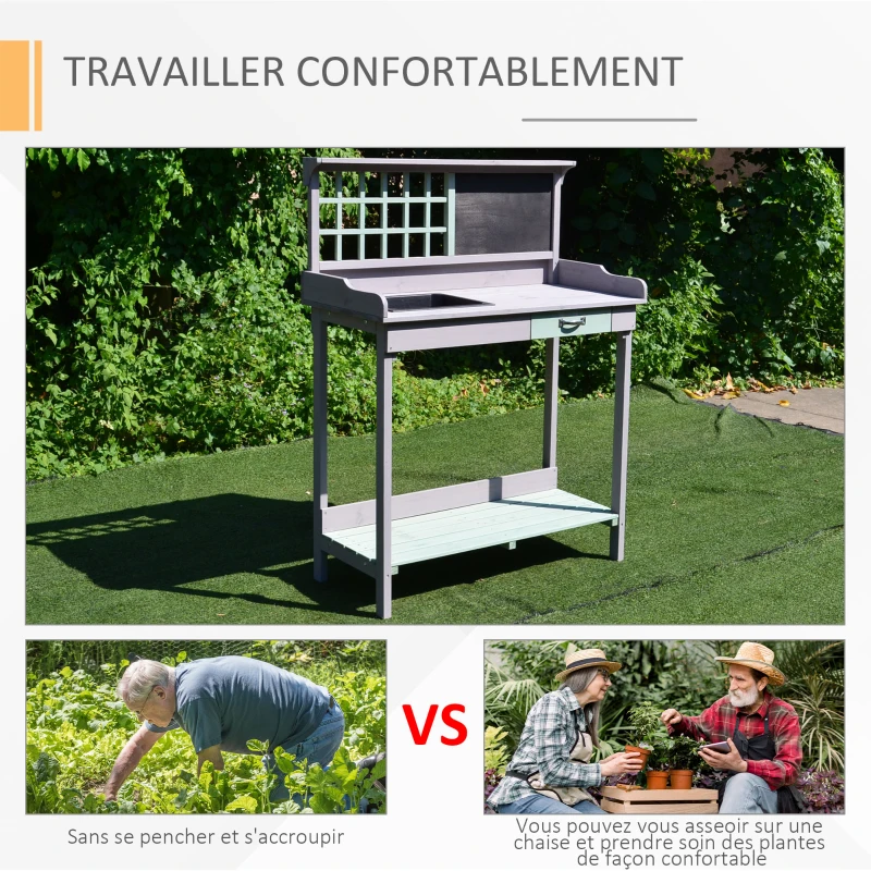 HOMCOM Table de rempotage multi-équipée table de jardinage avec tiroir, étagère, évier dim. 92L x 42,5l x 119,5H cm bois massif pré-huilé gris vert menthe