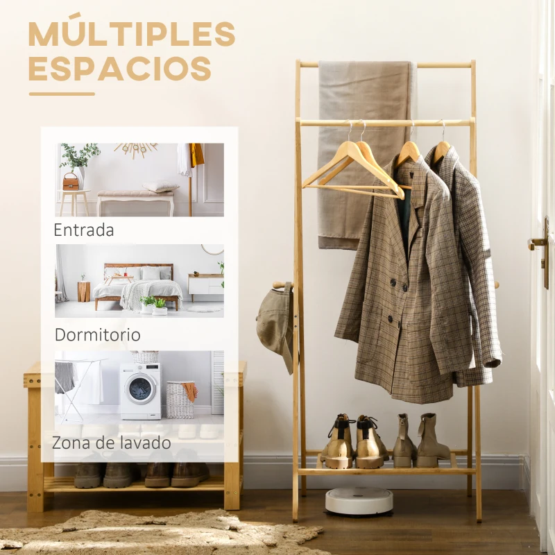 HOMCOM Perchero de Pie de Bambú con Estante para Zapatos 2 Barras y 2 Ganchos para Dormitorio Entrada 74x42x150 cm Natural