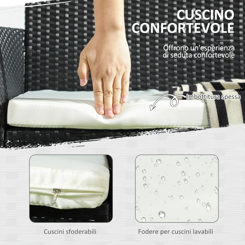 Outsunny Divano da Giardino a 2 Posti con Cuscino e Braccioli in Rattan PE e Acciaio, 100x54x80cm, Nero