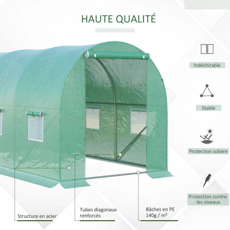 Outsunny Serre de Jardin Tunnel 8 m² 4L x 2l x 1,9H m Acier galvanisé renforcé diamètre 2,4 cm + PE Haute densité fenêtres Porte Vert