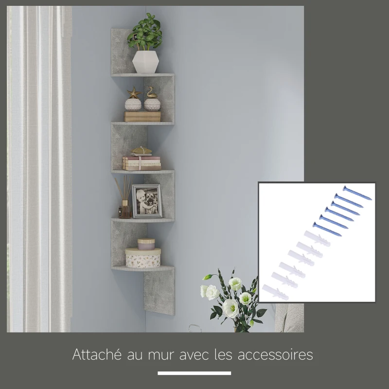HOMCOM Étagère d'angle Murale de Rangement Forme Zigzag 20L x 20l x 126H cm 5 Niveaux Bois Gris