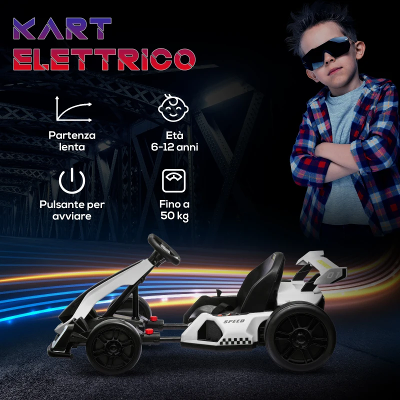 HOMCOM Go Kart Elettrico per Bambini 6-12 Anni 24V 12km/h con Seggiolino Regolabile, Bianco