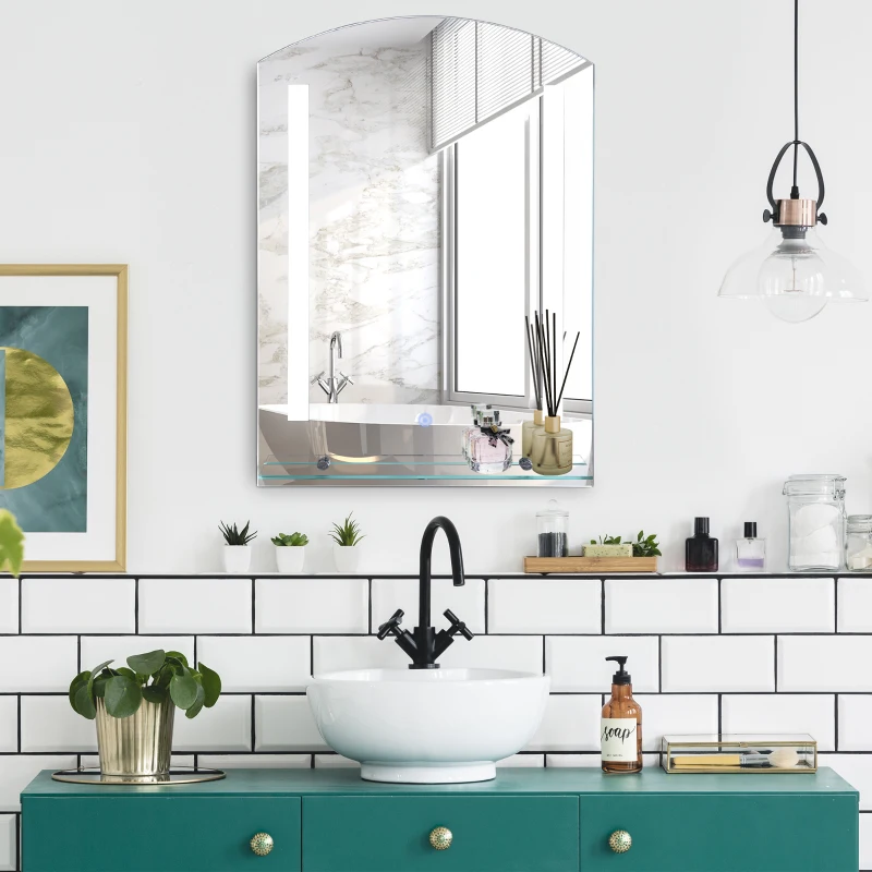 kleankin Espejo de Baño con Luces LED 70x50 cm Espejo para Baño con Interruptor Táctil Iluminación Regulable y Estante de Vidrio para Salón Entrada Plata