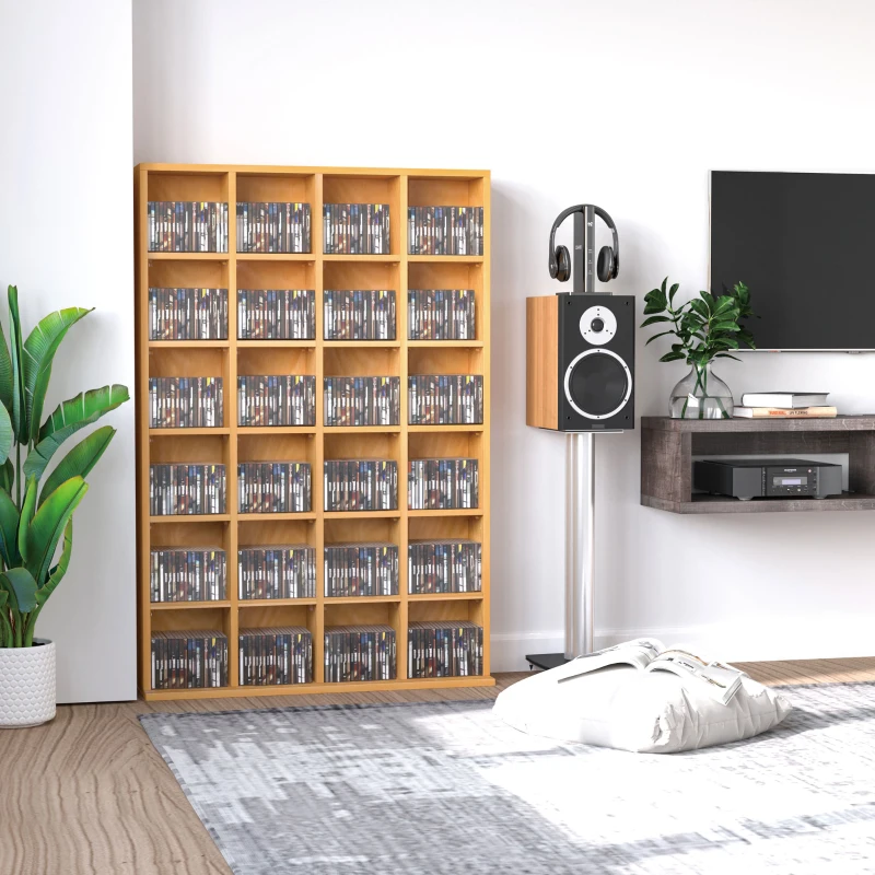 HOMCOM Mobile Porta CD con Ripiani Regolabili, Scaffale Porta 456CD/336DVD Salvaspazio in Legno, Mobile Portacd con 24 Scomparti, per Soggiorno, Camera da Letto, Ufficio, 89x20x130.5 cm, Color Faggio