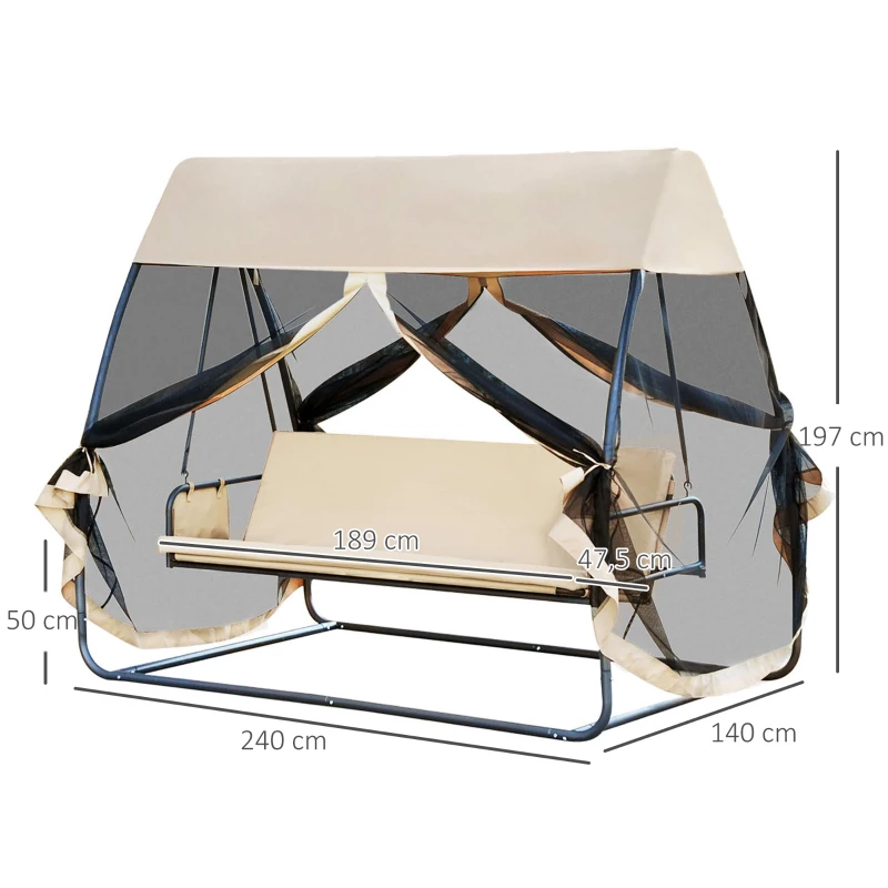 Outsunny Balancelle de Jardin Convertible 3 Places Grand Confort : Matelas Assise Dossier, moustiquaire intégrale zippée avec Toit, Pochette Rangement métal époxy Polyester Beige