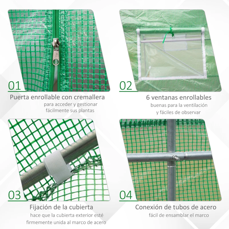 Outsunny Invernadero de  Túnel 445x200x200 cm Invernadero de Jardín con 6 Ventanas y Cubierta de Polietileno PE 140 g/m² Verde