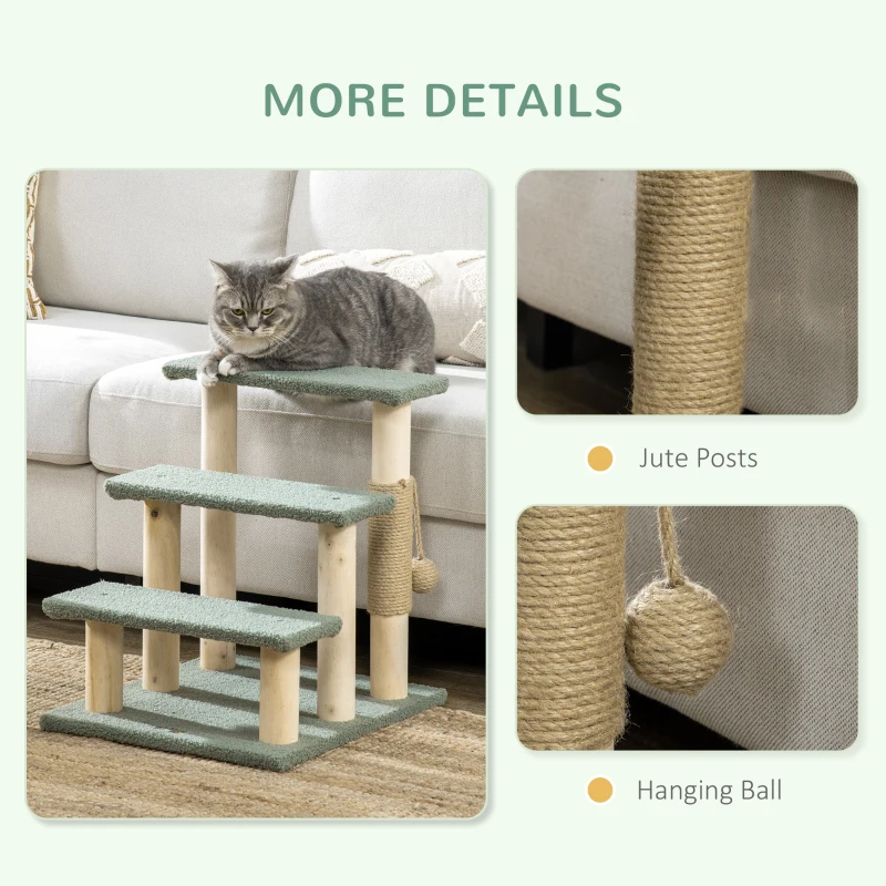 PawHut 48cm Three-Step Cat Tree, with Toy Ball, Jute Scratching Post - Green