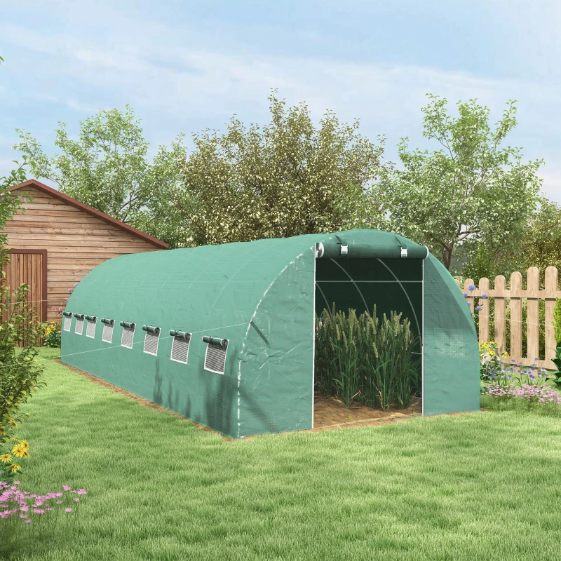 Outsunny Serre de jardin tunnel 24m² 8L x 3l x 2H m - 16 fenêtres, Porte zippée enroulable acier galvanisé, bâche PE, Vert