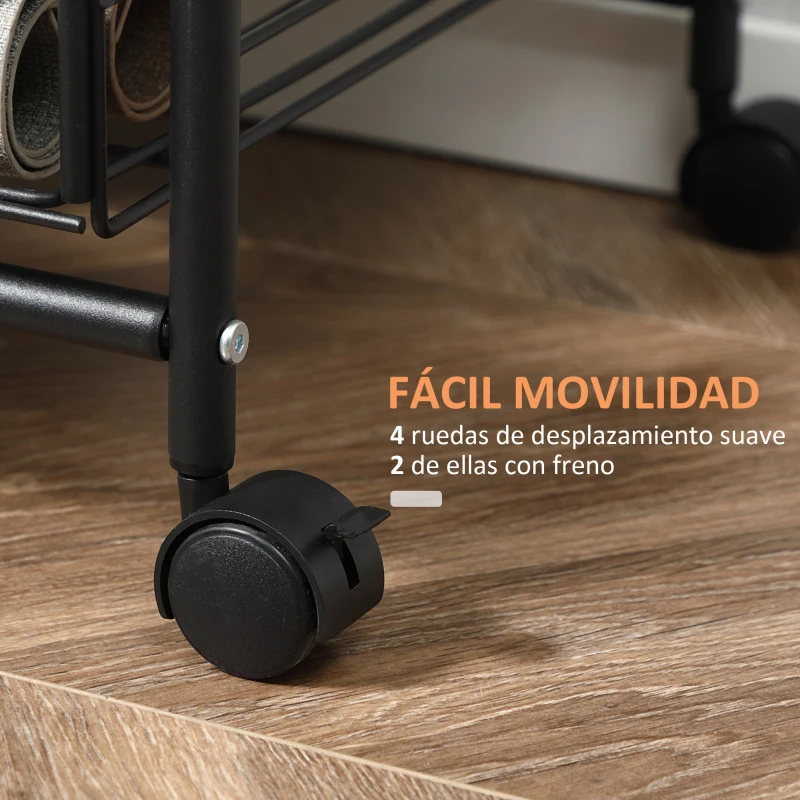 HOMCOM Carrito Auxiliar con Ruedas de 3 Niveles Carrito de Cocina con 2 Cestas y 4 Ganchos 60x38x85,5 cm Marrón Rústico