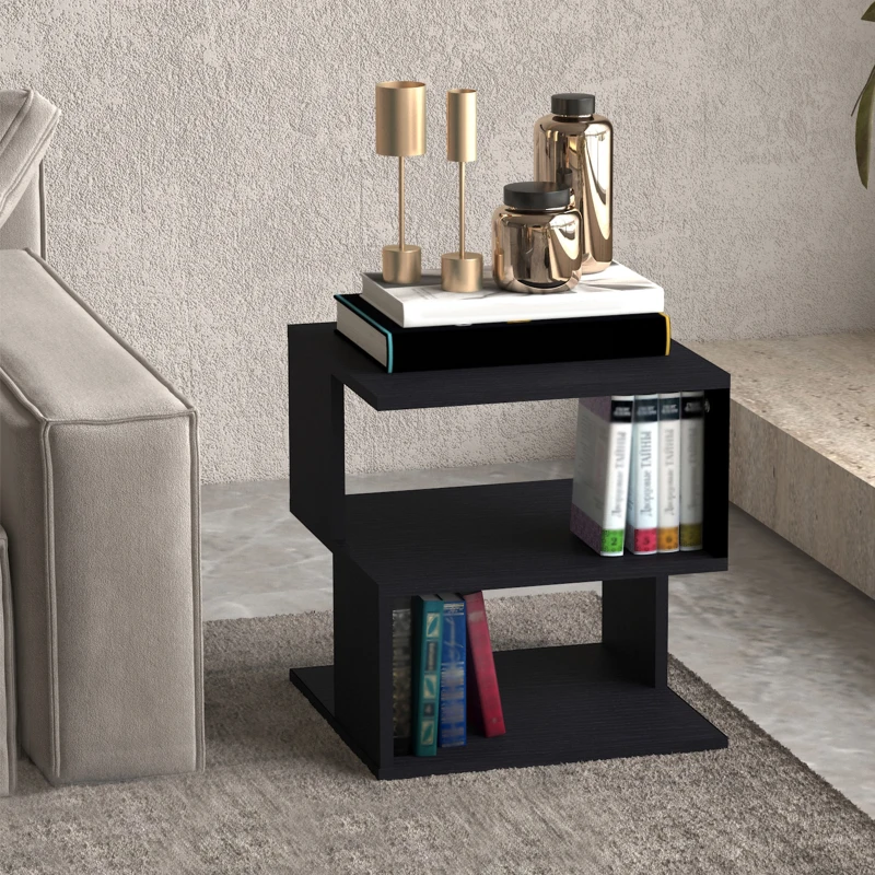 HOMCOM Side Table, Square Coffee Table, Modern End Table with 2 Tier Storage Shelves for Living Room, Bedroom, Black
