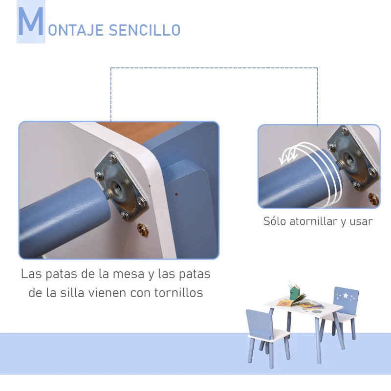 HOMCOM Mesa con Sillas para Niños de 2-4 Años de Madera Mesa 60x40x43 cm y Sillas para Dormitorio 28x26x48 cm Blanco y Azul