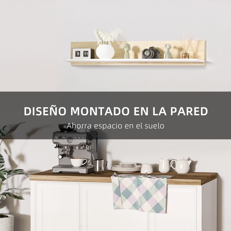 HOMCOM Estante Flotante de Madera Balda de Pared para Salón Dormitorio Pasillo Cocina Baño 120x15x20 cm Roble y Blanco