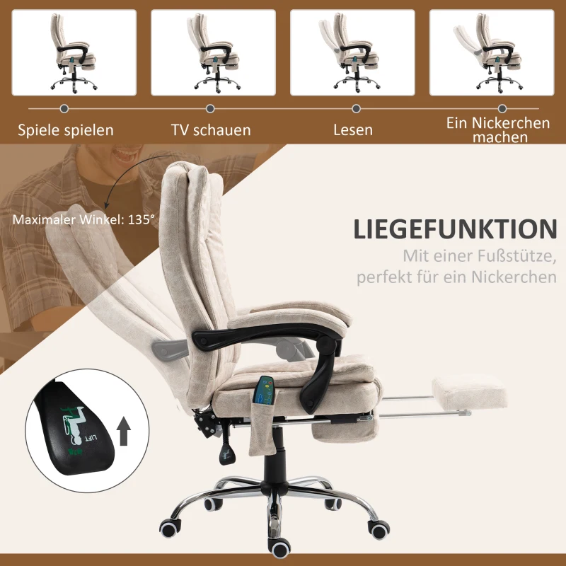 Vinsetto Bürostuhl mit Massagefunktion, Ergonomischer Schreibtischstuhl mit Liegefunktion, Heizfunktion, Seitentasche, Cremeweiß(m-9)