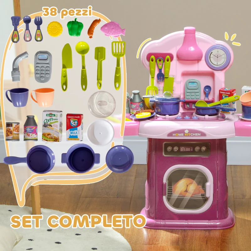 AIYAPLAY Cucina Giocattolo per Bambini 3-6 Anni con 38 Accessori e Suoni Realistici, in PP e ABS, 51x21x60 cm, Rosa