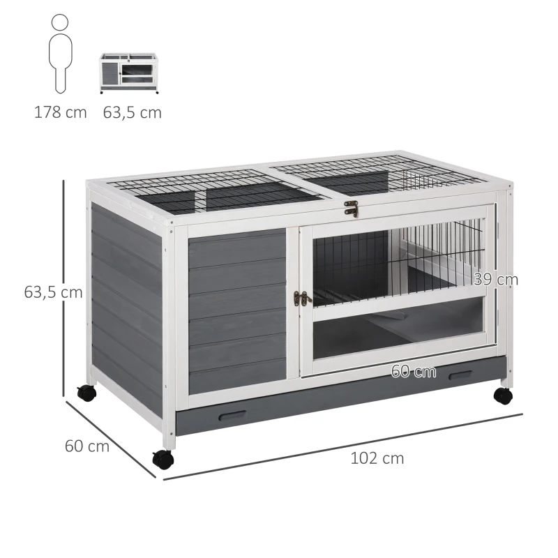 PawHut Conejera de Madera Caseta de Interior para Mascotas Pequeñas 2 Pisos con Ruedas Bandeja Extraíble Rampa 102x60x63,5 cm Gris Blanco