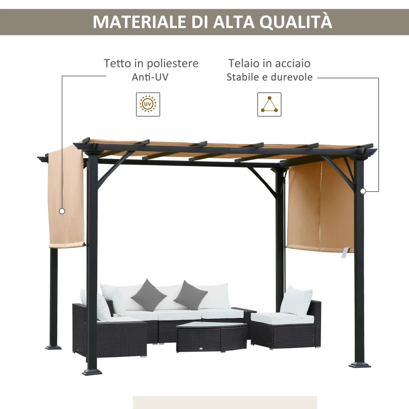 Outsunny Pergola Gazebo da Giardino in Acciaio con Tende Regolabili 3x3m, Marrone Chiaro