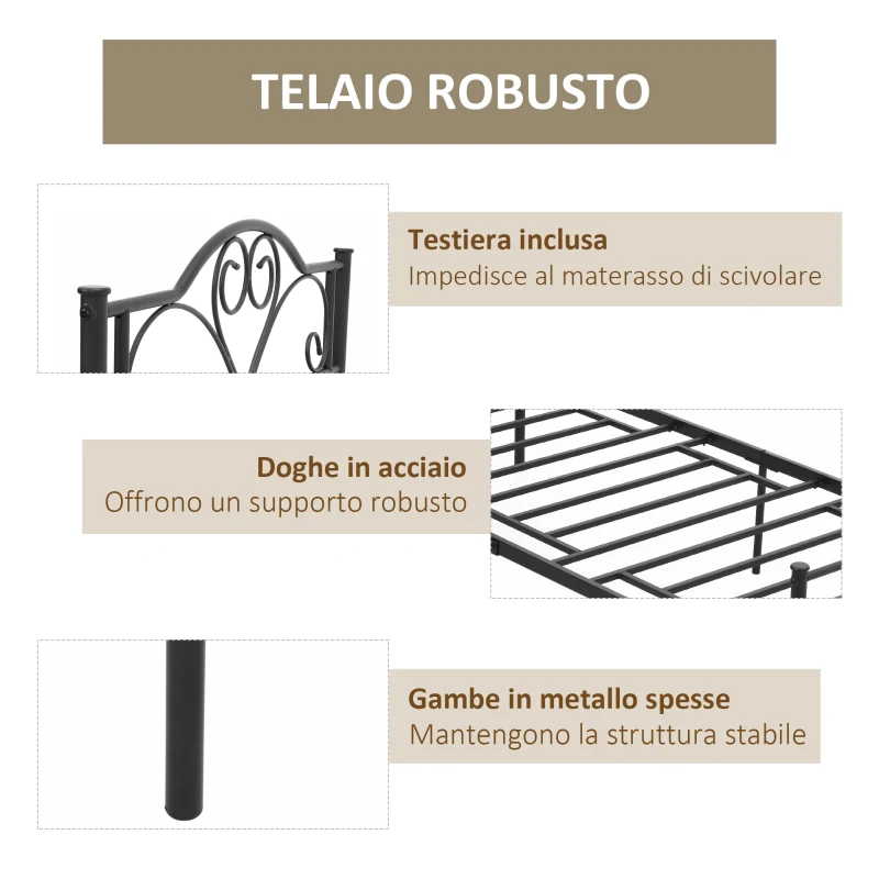 HOMCOM Struttura Letto Singolo in Acciaio con Doghe Integrate, Testiera e Pediera, 90x200cm