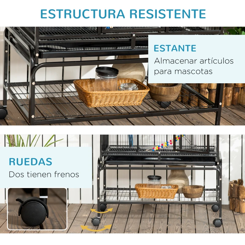 PawHut Jaula para Pájaros con Ruedas 83x53x180 cm Pajarera Metálica de 3 Niveles con 3 Perchas Comederos Juguetes Rampas Negro