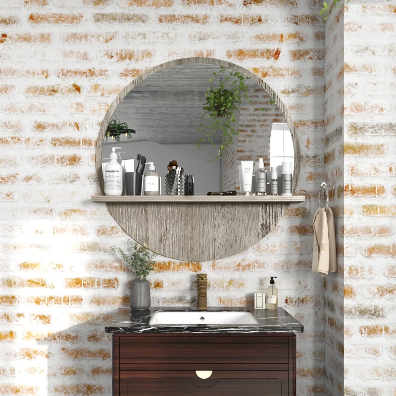 kleankin 45cm Round Home Mirror, with Shelf - Grey Wood-Effect