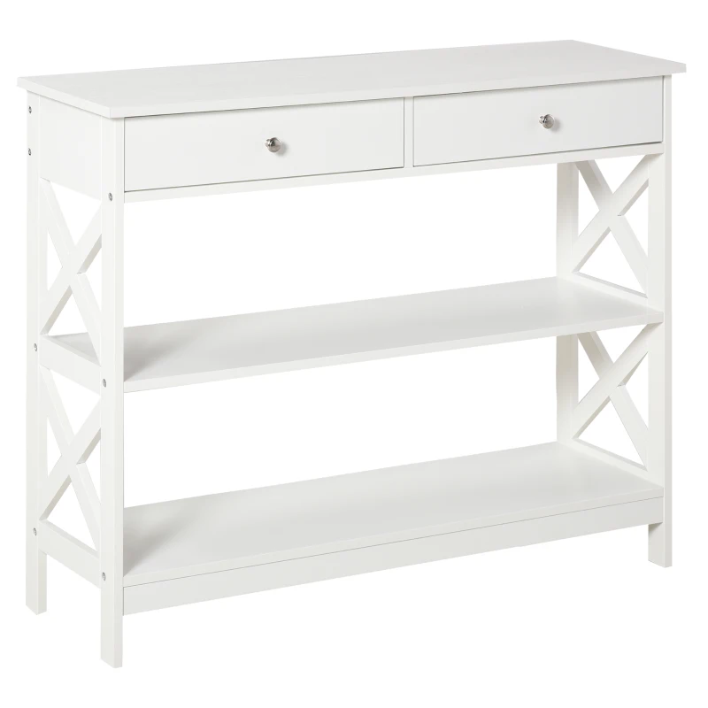 HOMCOM Tavolo Consolle con 2 Cassetti e 2 Mensole, Consolle Ingresso e Soggiorno in MDF, 100x30.5x80cm, Bianco
