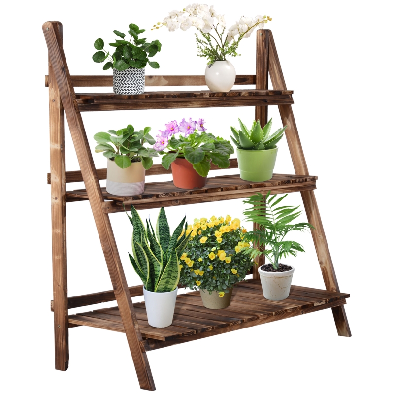 Outsunny 3-Etagen Pflanzenständer, klappbarer 93 cm hoch Blumenständer für Innen Außen, Pflanzenregal aus Holz, Blumentopfständer mit Tabletts, Blumentreppe für Wohnzimmer, Garten Balkon, Dunkelbraun