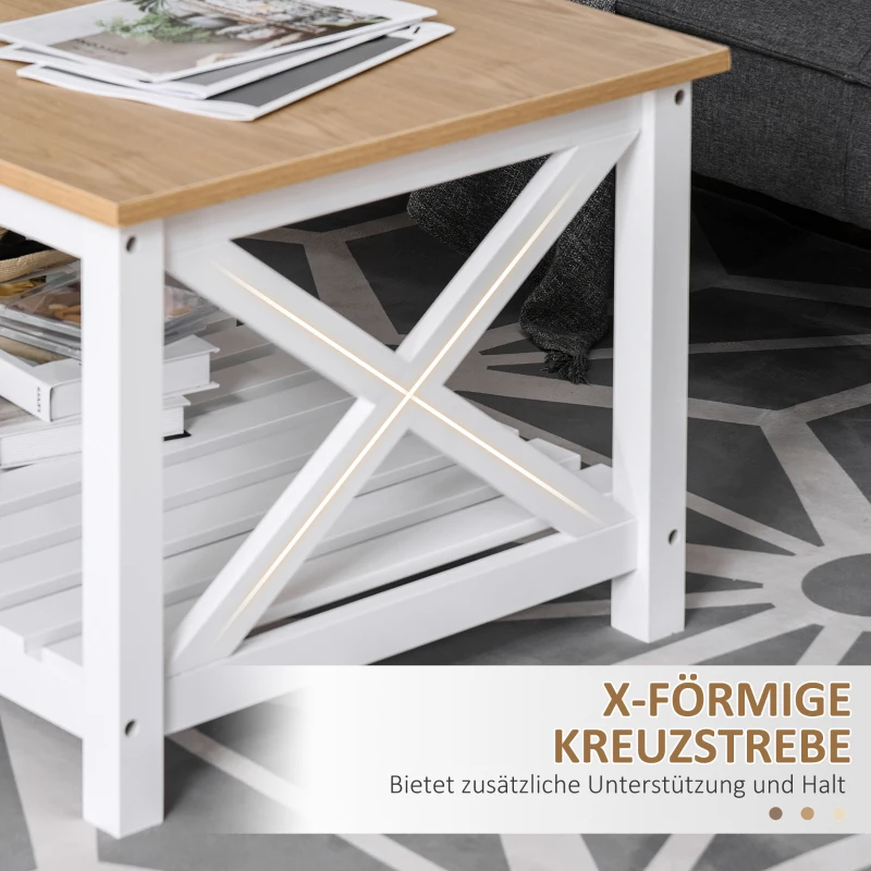 HOMCOM Beistelltisch Couchtisch Kaffeetisch stabiler Teetisch Wohnzimmertisch Bauernhausstil MDF Natur+Weiß 116 x 60 x 48 cm