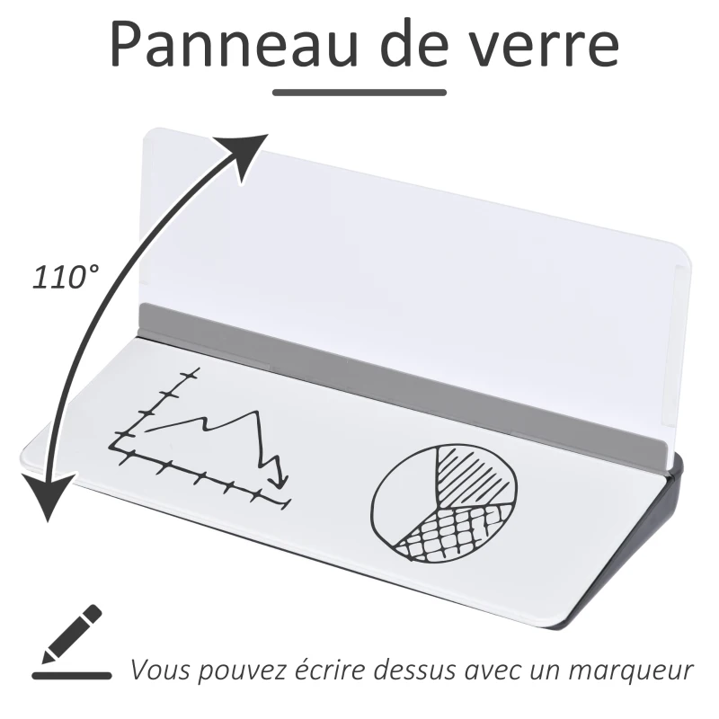 HOMCOM Support tablette organisateur de bureau 2 en 1 - panneau en verre rabattable - 4 compartiments de rangement + porte marqueur - noir blanc