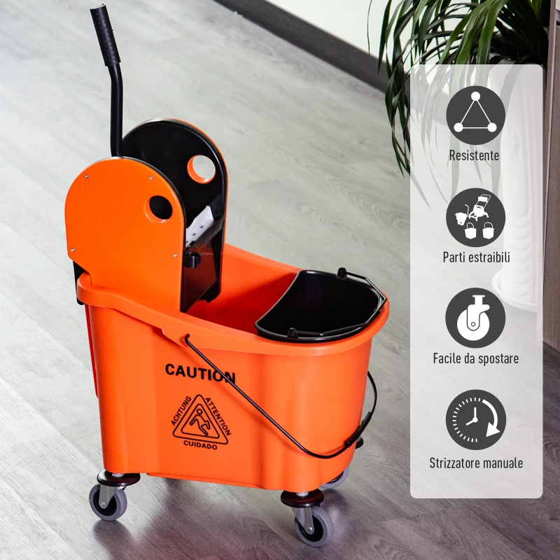 HOMCOM Secchio per Mocio Professionale 36L, Carrello Lavapavimenti con Strizzatore Manuale e 2 Secchi, Arancione e Nero