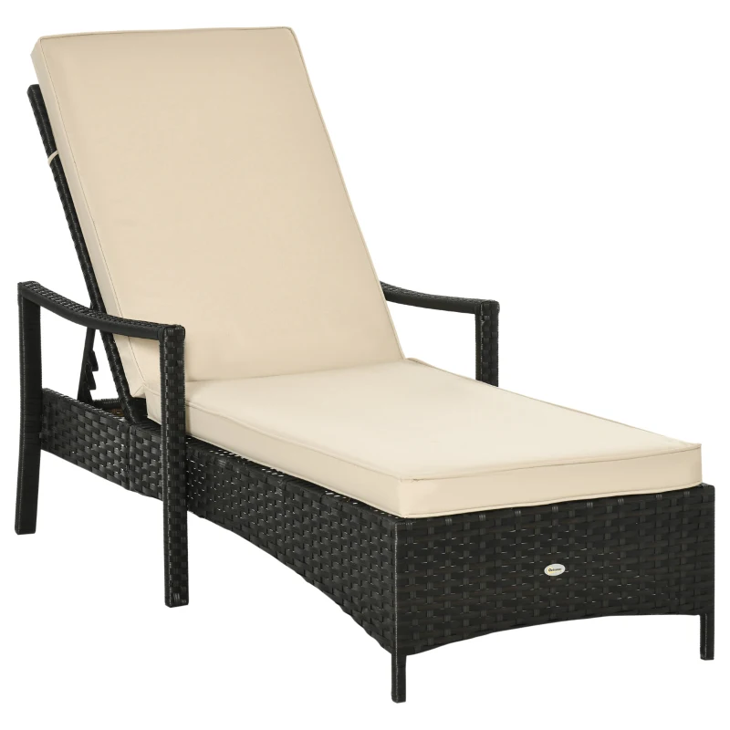 Outsunny Tumbona de Ratán de Jardín Chaise Longue con Respaldo Ajustable en 4 Posiciones Cojines Acolchados y Desenfundables para Terraza Patio Exterior 192x72x58-95 cm Marrón y Beige
