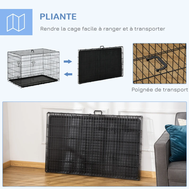 PawHut Cage caisse de transport pliante pour chien en acier 2 portes verrouillables 106L x 68l x 76H cm noir