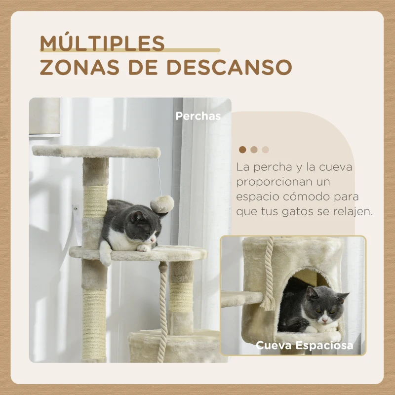 PawHut Rascador para Gatos Altura 116 cm Árbol para Gatos Torre de Escalada con Postes Rascadores de Sisal Cueva Plataformas y Juguetes Divertidos Colgantes Beige
