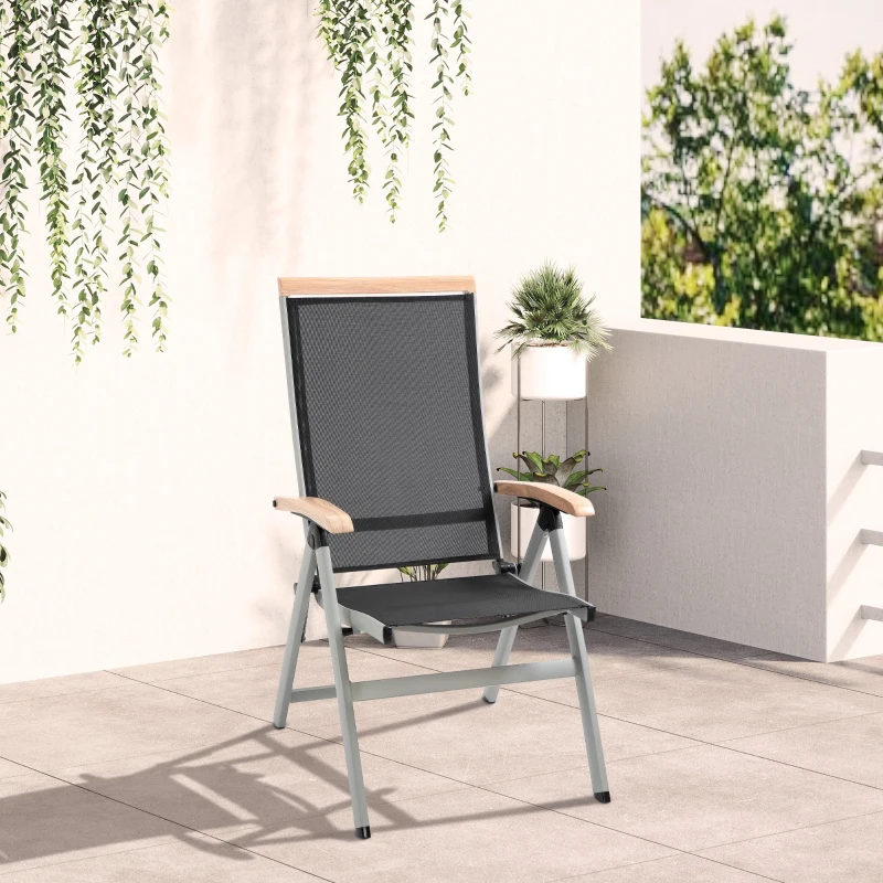Outsunny Klappstuhl Gartenstuhl klappbar mit Rückenlehne Armlehne für Garten Balkon Terrasse Alu+Mesh Schwarz+Silber 61 x 64 x 112 cm