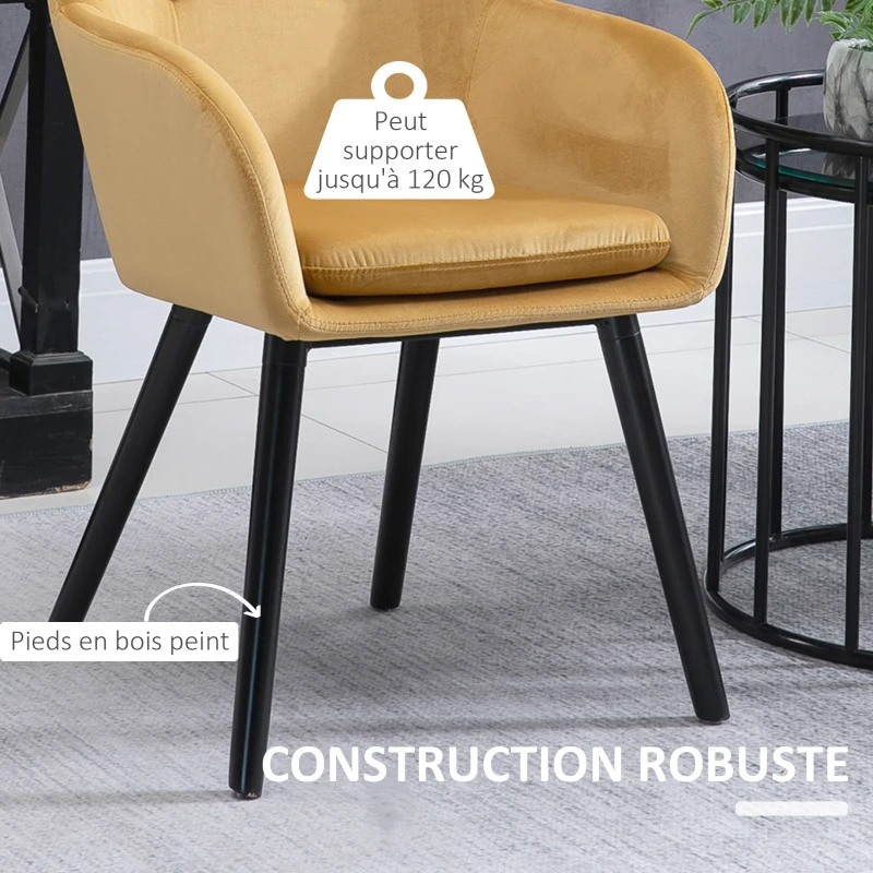 HOMCOM Chaises de Salle à manger Chaises de Visiteur scandinave - Lot de 4 - Pieds effilés Bois Noir - Velours Jaune Moutarde
