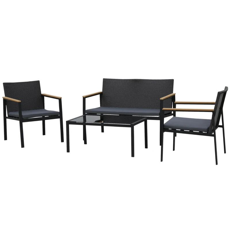 Outsunny Garten Möbelset für 4 Personen Sitzgarnitur, 3 Sofa, Couchtisch, mit Sitzkissen, Kunststoff Rattan, Schwarz