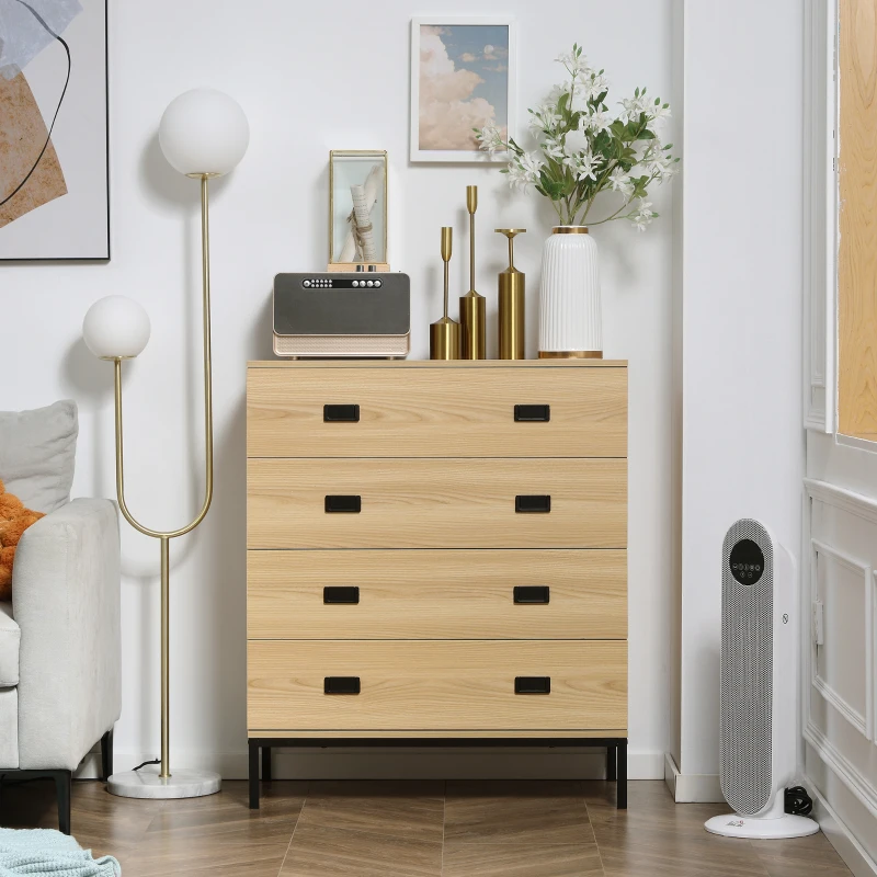 HOMCOM Commode 4 tiroirs meuble de rangement design industriel piètement métal noir 80 x 39 x 95 cm naturel