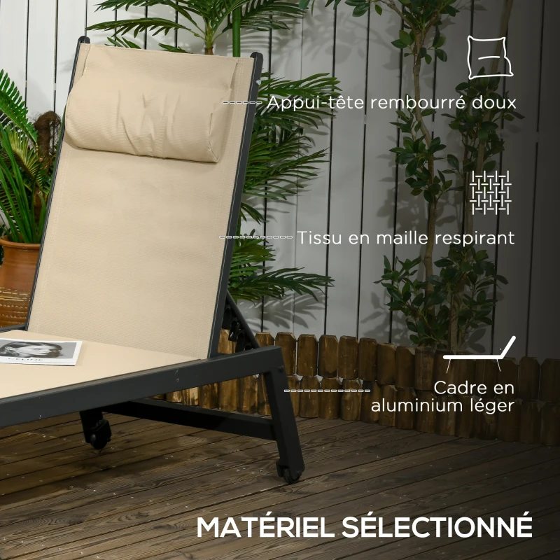 Outsunny Bain de soleil transat en aluminium et textilène avec roulettes et repose-tête dossier inclinable kaki