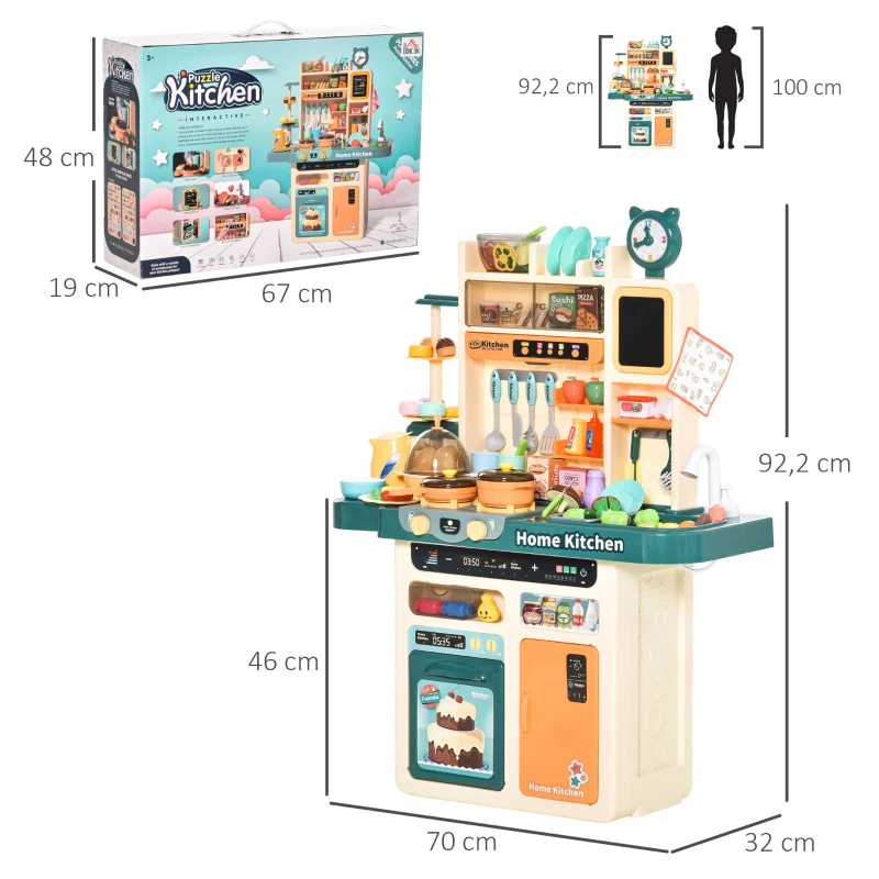 HOMCOM Cocina de Juguete para Niños de +3 Años con 113 Accesorios Luz Sonidos Agua Vapor Pizarra Fregadero Incluidos Cocinita Infantil Educativa 70x32x92,2 cm Multicolor