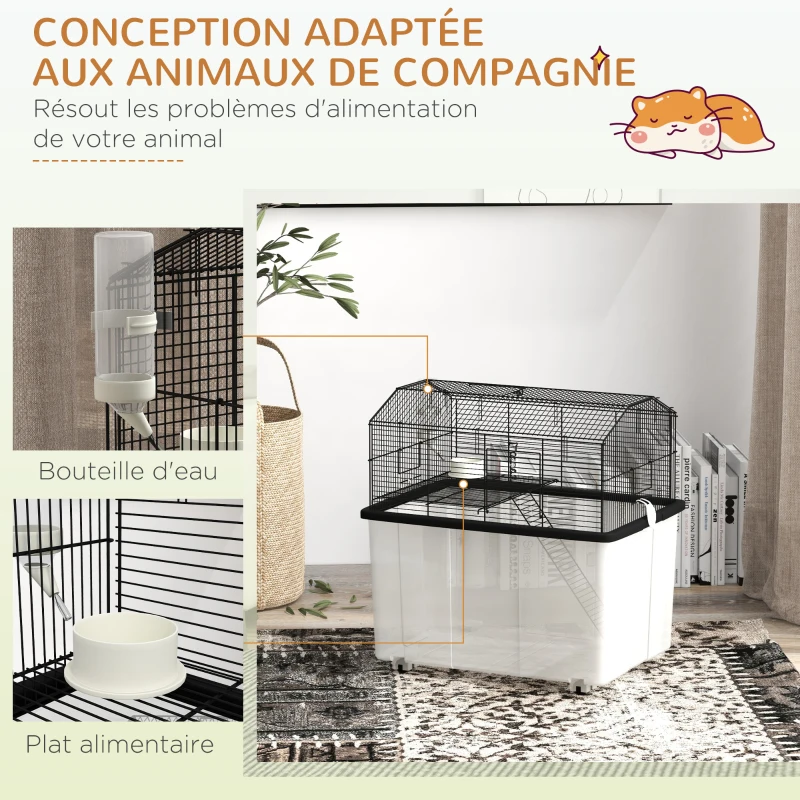 PawHut Cage hamster cage rongeur 2 étages avec roulettes plate-forme et échelle en fil d'acier 57 x 43 x 57 cm noir