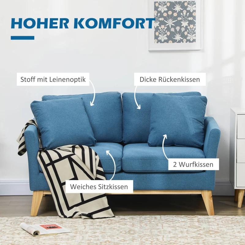 HOMCOM 2-Sitzer-Sofa Doppelsofa Couch, 2 Kissen, 137 cm x 78 cm x 78 cm, Blau + Natur