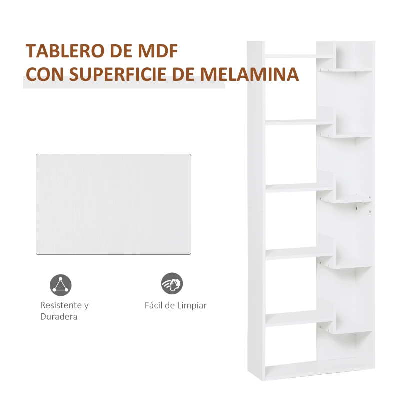 HOMCOM Estantería de 6 Niveles Librería Vertical de Forma Irregular Diseño Moderno Sistema Antivuelco 60x21x162,5 cm Blanco