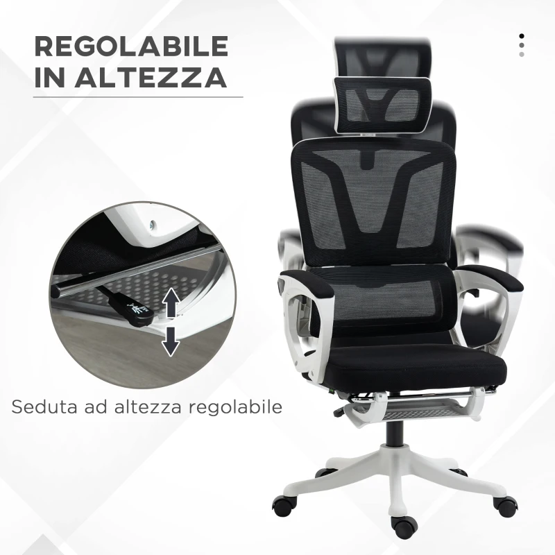 Vinsetto Sedia da Ufficio Ergonomica ad Altezza Regolabile con Poggiapiedi e Poggiatesta, 66x58x110-118 cm, Nero