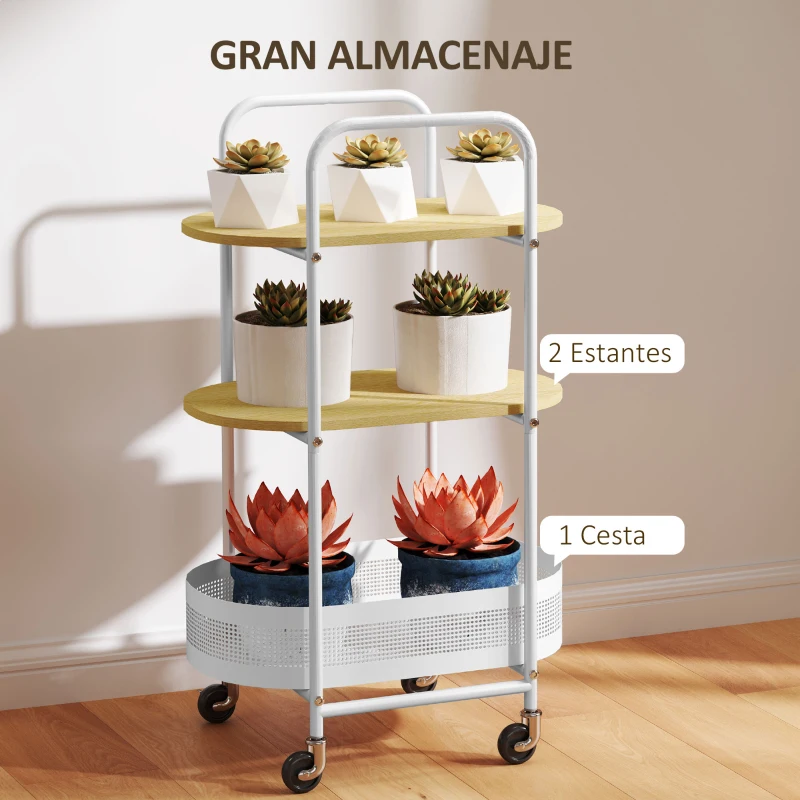 HOMCOM Carrito Auxiliar con Ruedas de 3 Niveles Carro de Almacenamiento con Cesta y Estantes 49,5x32,5x82,5 cm Blanco y Madera Natural